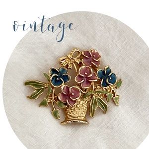 vintage enamel flower basket brooch enamel gold tone